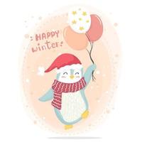 Gelukkige de winter gelukkige roze pinguïn met rode sjaal en rode hoed die roze sterballons houden vector