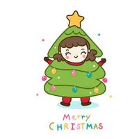 Schattig meisje kerst karakter cartoon vrolijke x mas boom zoete pastel kleur vector