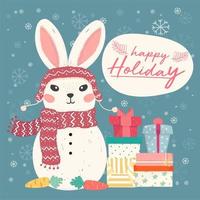 schattige platte vector bunny sneeuwpop met stapel geschenkdozen en sneeuwvlok vallen, idee voor kaart en banner