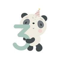 verjaardagsfeestje, wenskaart, uitnodiging voor feest. kinderillustratie met schattige panda en en de nummer drie. vectorillustratie in cartoon-stijl. vector