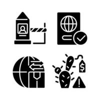 grenzen controle maatregelen zwarte glyph pictogrammen ingesteld op witruimte. smokkelwaar voorkomen. controlepunt examen. verbod op illegale handel. silhouet symbolen. vector geïsoleerde illustratie