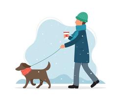 Mens die een hond in de winter in vlakke stijl loopt vector