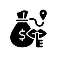 bulk contant geld smokkelen zwarte glyph icoon. illegaal vervoer van grote sommen geld. financiële fraude en smokkelwaar. economische misdaad. silhouet symbool op witte ruimte. vector geïsoleerde illustratie