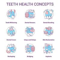 tanden gezondheid concept pictogrammen instellen. regelmatig tandartsbezoek idee dunne lijn kleurenillustraties. tandheelkundige fineren. tand opnieuw vormgeven. geïsoleerde symbolen. bewerkbare streek. roboto-medium, talloze pro-bold lettertypen gebruikt vector