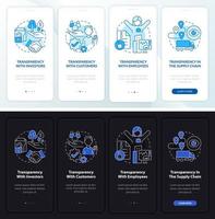transparantietypes nacht- en dagmodus onboarding mobiele app-scherm. walkthrough 4 stappen grafische instructiepagina's met lineaire concepten. ui, ux, gui-sjabloon. talloze pro-bold, reguliere lettertypen gebruikt vector
