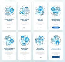 gevoelige informatie blauwe onboarding mobiele app-schermset. security walkthrough 4 stappen grafische instructiepagina's met lineaire concepten. ui, ux, gui-sjabloon. talloze pro-bold, reguliere lettertypen gebruikt vector