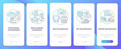 taxi-bedrijfstypes blauwe gradiënt onboarding mobiele app-scherm. verzending walkthrough 5 stappen grafische instructiepagina's met lineaire concepten. ui, ux, gui-sjabloon. talloze pro-bold, reguliere lettertypen gebruikt vector