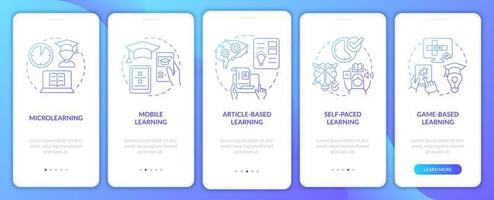 e-learning methoden blauw verloop onboarding mobiele app-scherm. walkthrough 5 stappen grafische instructiepagina's met lineaire concepten. ui, ux, gui-sjabloon. talloze pro-bold, reguliere lettertypen gebruikt vector