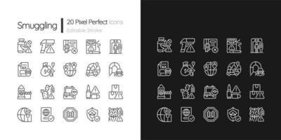 smokkel lineaire pictogrammen ingesteld voor donkere en lichte modus. illegale drugshandel. aanpasbare dunne lijn symbolen. geïsoleerde vectoroverzichtsillustraties. bewerkbare streek. pixelperfect. drijfzand-licht lettertype gebruikt vector