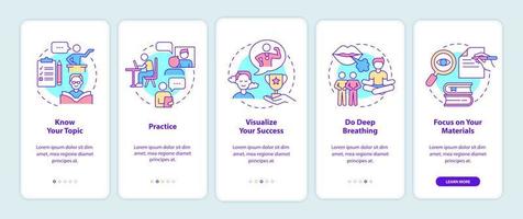 angst voor spreken in het openbaar overwinnen op het scherm van de mobiele app. angst walkthrough 5 stappen grafische instructiepagina's met lineaire concepten. ui, ux, gui-sjabloon. talloze pro-bold, reguliere lettertypen gebruikt vector
