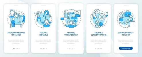 angst op de werkplek blauw onboarding mobiel app-scherm. work life walkthrough 5 stappen grafische instructiepagina's met lineaire concepten. ui, ux, gui-sjabloon. talloze pro-bold, reguliere lettertypen gebruikt vector