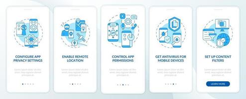 cyberprivacytips voor het onboarding-paginascherm van de mobiele app. informatie beschermen walkthrough vijf stappen grafische instructies met concepten. ui, ux, gui vectorsjabloon met lineaire kleurenillustraties vector