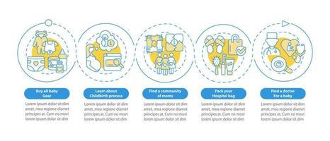 voorbereiding voor pasgeboren aankomst vector infographic sjabloon. babyspullen presentatie schets ontwerpelementen. datavisualisatie met 5 stappen. proces tijdlijn info grafiek. workflowlay-out met lijnpictogrammen