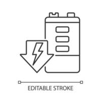 batterij ontladen lineaire pictogram. zelfontlading. energie aftappen. verslechtering van de duurzaamheid. dunne lijn aanpasbare illustratie. contour symbool. vector geïsoleerde overzichtstekening. bewerkbare streek