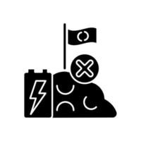 geen batterij stortplaatsen zwart glyph-pictogram. gebruikte cellen op de verkeerde manier weggooien. accumulator gevaarlijke chemicaliën lekken. mileuvervuiling. silhouet symbool op witte ruimte. vector geïsoleerde illustratie