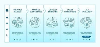 digitaal ondernemerschap voordelen onboarding vector sjabloon. responsieve mobiele website met pictogrammen. webpagina walkthrough 5 stappen schermen. kleurconcept met onbeperkte markten met lineaire illustraties