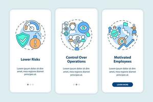 interne groeivoordelen onboarding van het paginascherm van de mobiele app. bedrijfsuitbreiding walkthrough 3 stappen grafische instructies met concepten. ui, ux, gui vectorsjabloon met lineaire kleurenillustraties vector