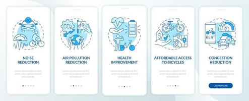 fietsaandeelschema doelen onboarding mobiele app paginascherm. luchtvervuiling verminderen walkthrough 5 stappen grafische instructies met concepten. ui, ux, gui vectorsjabloon met lineaire kleurenillustraties vector