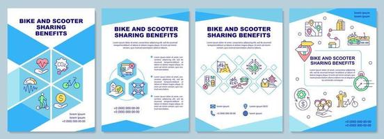 brochuresjabloon voor voordelen voor het delen van fietsen en scooters. ecologisch vervoer. flyer, boekje, folder afdrukken, omslagontwerp met lineaire pictogrammen. vectorlay-outs voor presentatie, jaarverslagen, advertentiepagina's vector