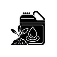 vloeibare meststof zwarte glyph-pictogram. vloeibaar mengsel van supplementen. gieten en spuiten. planten en gewassen supplement. gemalen additief. silhouet symbool op witte ruimte. vector geïsoleerde illustratie