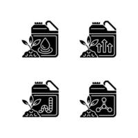vloeibare supplementen zwarte glyph pictogrammen instellen op witruimte. vloeibare meststof voor grond en wortels. organische en chemische toevoegingen. mineralen, elementen. silhouet symbolen. vector geïsoleerde illustratie