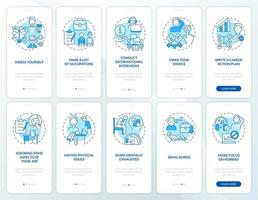 het kiezen van de beste blauwe onboarding mobiele app-schermset. slechte werkkeuze walkthrough 5 stappen grafische instructiepagina's met lineaire concepten. ui, ux, gui-sjabloon. talloze pro-bold, reguliere lettertypen gebruikt vector