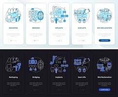 tandheelkunde procedures nacht- en dagmodus onboarding mobiele app-scherm. walkthrough 5 stappen grafische instructiepagina's met lineaire concepten. ui, ux, gui-sjabloon. talloze pro-bold, reguliere lettertypen gebruikt vector