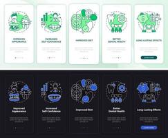 tandverbetering pro's nacht- en dagmodus onboarding mobiele app-scherm. walkthrough 5 stappen grafische instructiepagina's met lineaire concepten. ui, ux, gui-sjabloon. talloze pro-bold, reguliere lettertypen gebruikt vector