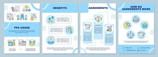 ppa gebruik blauwe brochure sjabloon. overeenkomst voordelen en werk. folderontwerp met lineaire pictogrammen. 4 vectorlay-outs voor presentatie, jaarverslagen. arial-black, talloze pro-reguliere lettertypen gebruikt vector