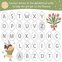 pasen abc-spel met schattige karakters. lente alfabet doolhof activiteit voor kleuters. kies letters van a tot z om het meisje te helpen bij de bloemen te komen. vector