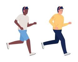 mannelijke marathonlopers met koptelefoon semi-egale kleur vector tekens set