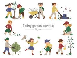vectorreeks kinderen die tuinwerk doen. lentecollectie van kinderen met tuingereedschap. jonge tuinders planten boom, planten water geven, harken, vlinder vangen.