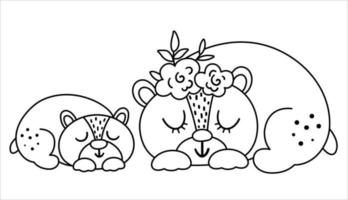 vector zwart-wit baby Beer met ouder. grappige bosdierenscène in Boheemse stijl die familieliefde toont. schattige boho-illustratie voor kaart, print, briefpapierontwerp. bos lijn icoon