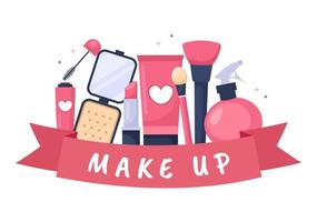 make-up cosmetica collectie van glamour meisje zoals nagellak, mascara, lippenstift, oogschaduw, borstel of poeder in platte cartoon vectorillustratie vector