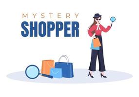 mystery shopper met tassen in zonnebrillen, vergrootglas, spionjassen en hoeden in platte cartoonstijlillustratie vector