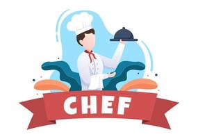 professionele chef-kok stripfiguur koken illustratie met verschillende trays en eten om heerlijk eten te serveren geschikt voor poster of achtergrond vector