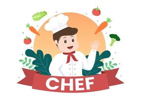 professionele kids chef-kok stripfiguur koken illustratie met verschillende trays en eten om heerlijk eten te serveren geschikt voor poster of achtergrond vector