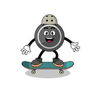 hockeypuck-mascotte die een skateboard speelt vector