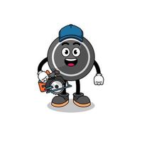 cartoonillustratie van hockeypuck als schrijnwerker vector