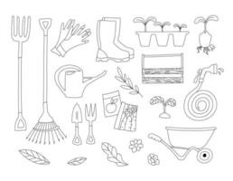 set tuingereedschap en tuinapparatuur. vectorillustratie van items voor tuinieren vector