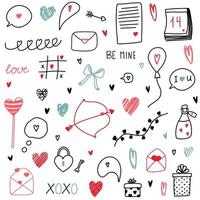 kleurrijke liefde clipart handgetekende doodles voor st.valentijnsdag met harten, boog, pijlen, vergif, belettering, kalender, slinger, lantaarns, brief, cadeau, ballon, gesprekswolk, tekstballon vector