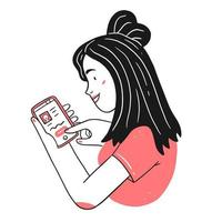 een gelukkige jonge vrouw met een telefoon op een datingsite. een meisje in een dating-app. vector geïsoleerde illustratie.