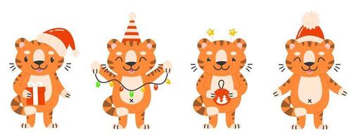 tijger tekenset voor het nieuwe jaar. schattige tijgerwelpen in een cartoon-stijl in kerstmutsen, met een slinger. verzameling van nieuwe jaar dierlijke karakters. vectorillustratie. vector