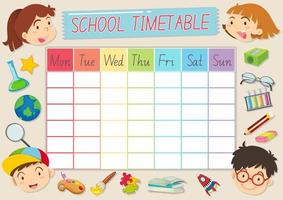 School tijdschema sjabloon met leerlingen en schoolbenodigdheden vector