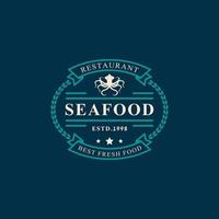 vintage retro badge zeevruchten vismarkt en restaurant embleem sjabloon silhouetten typografie logo ontwerp vector