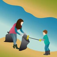 moeder en zoon ruimen afval op de oever van de rivier op vector