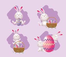schattig konijn met mand en eieren decoratie instellen vector