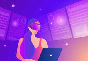 metaverse in bedrijfsconcept. zakenvrouw die virtual reality-brilglas draagt, met 3D-ervaring in virtual reality in de vectorillustratie van de zakenwereld. vector