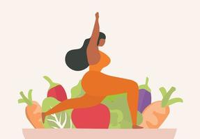 vrouw die yoga doet en heide voedsel vectorillustratie eet. gezond levensstijlconcept vector