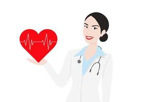 lachende vrouw arts bedrijf rode hartslag beat vectorillustratie. hartcontrole en ontwerp voor medische zorg vector